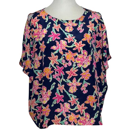 Lilly Pulitzer Tops - Lilly Pulitzer 100% Silk Pink Blue Orange Floral Cold Shoulder Blouse Top Sz S